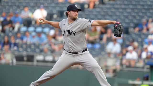 Gerrit Cole #45 of the New York Yankees throws in the first inning against the Kansas City Royals at Kauffman Stadium on May 27, 2026 in Kansas City, Missouri. 