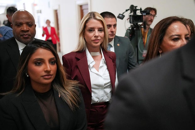 Former Attorney General Pam Bondi arrives for a closed-door interview with the House Oversight Committee on Capitol Hill in Washington, D.C., on May 29, 2026.