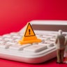 Senior couple looking at yellow warning sign on white calculator with red background. 