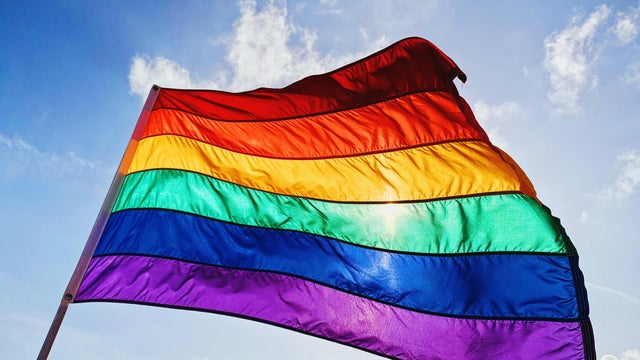 Rainbow LGBTQIA pride flag waving in the wind 