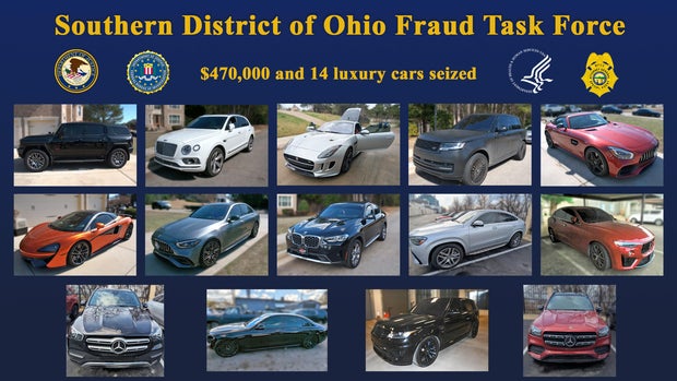 Fourteen luxury cars seized by authorities in a fraud investigation are seen in a photo combination provided by the Justice Department.