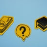 Student loans and financial decisions. Graduation cap, dollar bills, and a question mark. 