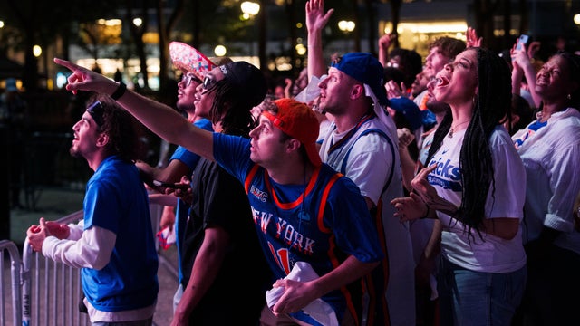 New York Knicks Fans Gather To Watch Game Three Of The NBA Finals Against San Antonio Spurs 