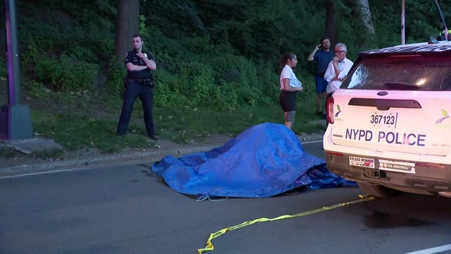 Blue tarp on the ground next to NYPD vehicle 