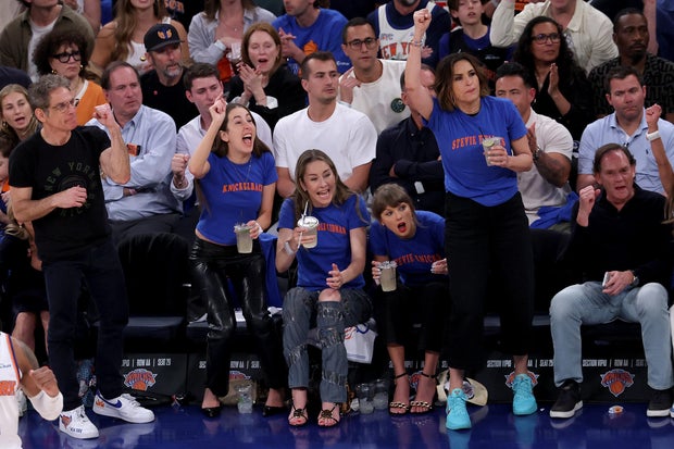 Alana Haim, Este Haim, Taylor Swift, and Mariska Hargitay attend Game Four of the 2026 NBA Finals between the San Antonio Spurs and the New York Knicks at Madison Square Garden on June 10, 2026 in New York City.