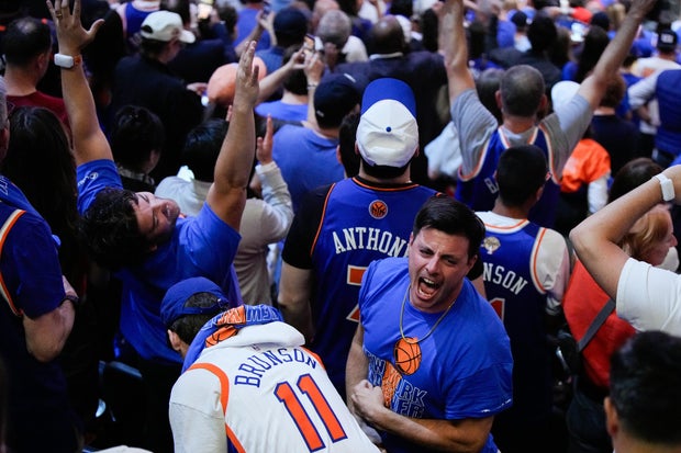 New York Knicks fans celebrate after Game 4 of the NBA Finals basketball series against the San Antonio Spurs, Wednesday, June 10, 2026, in New York.