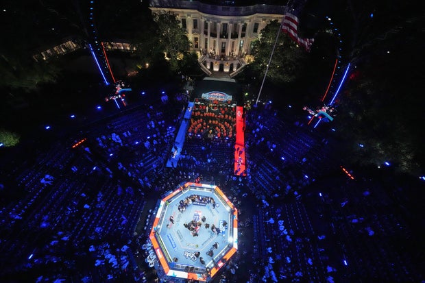 President Trump and guests in the Octagon during the UFC Freedom250 fight on the South Lawn of the White House in Washington, D.C.