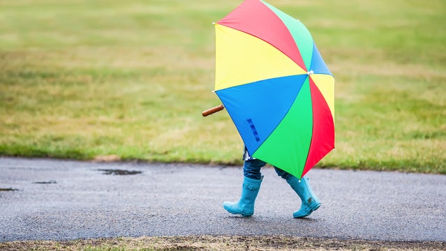 Child Walking in Rain Holding Umbrella 