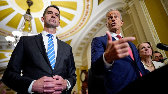 Senate Majority Leader John Thune of South Dakota and Sen. Tom Cotton of Arkansas speak to reporters at the U.S. Capitol on June 15, 2026. 