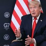 President Trump delivers remarks during a bilateral meeting with the United Arab Emirates president at the G7 summit in Evian, France, on June 16, 2026. 