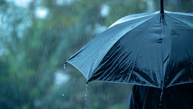 Rain Umbrella Torrential Rain Thunderstorm. Black Umbrella on Wet Floor During Heavy Rain Weather. Black umbrella rain weather season stormy mood loneliness sadness solitude depression protection shelter dark wet floor water droplets outdoor. 
