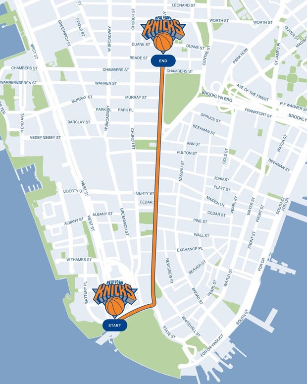 map showing Knicks parade route