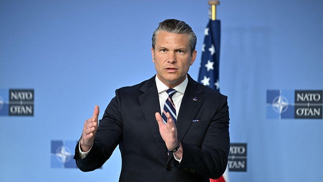 U.S. Defense Secretary Pete Hegseth speaks ahead of the NATO Defense Ministers meeting at NATO headquarters in Brussels on June 18, 2026. 