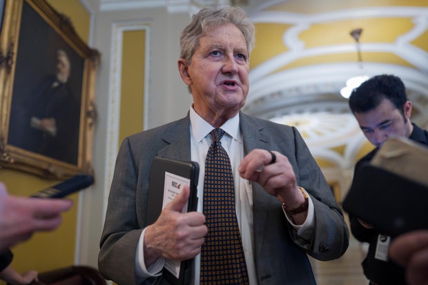 Sen. John Kennedy speaks with reporters at the Capitol on March 26, 2026. 