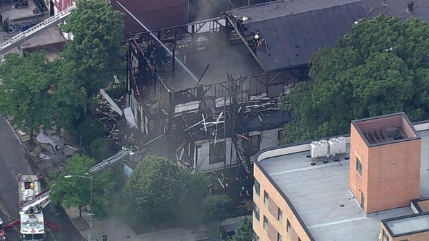 Aerial view of church destroyed by fire 