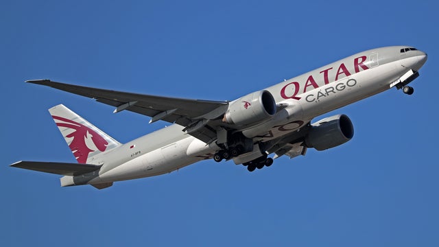 Qatar Cargo aircraft taking off from Barcelona airport 