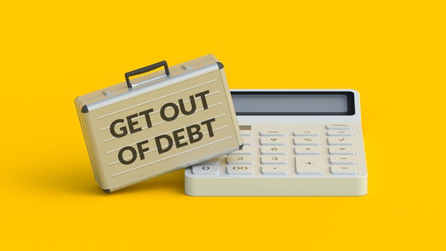 Get out of debt words on suitcase. Credit repayment and restructuring. Release from the obligation to pay loan. Mortgage cancellation. Financial concept. 3d render 