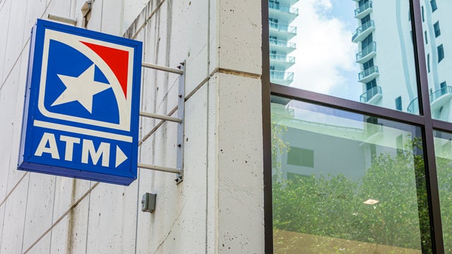 Miami, Florida, Brickell Financial District, Brickell Avenue, exterior wall of building, ATM cash machine sign 