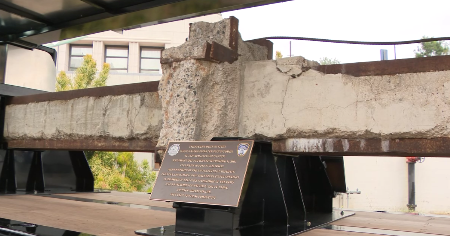 A World Trade Center steel beam on display in Los Angeles as part of the Steel Across America tour, June 30, 2026