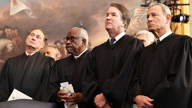Justices Samuel Alito, Clarence Thomas and Brett Kavanaugh and Chief Justice John Roberts look on during inauguration ceremonies in the Rotunda of the U.S. Capitol in Washington, D.C., on Jan. 20, 2025. 
