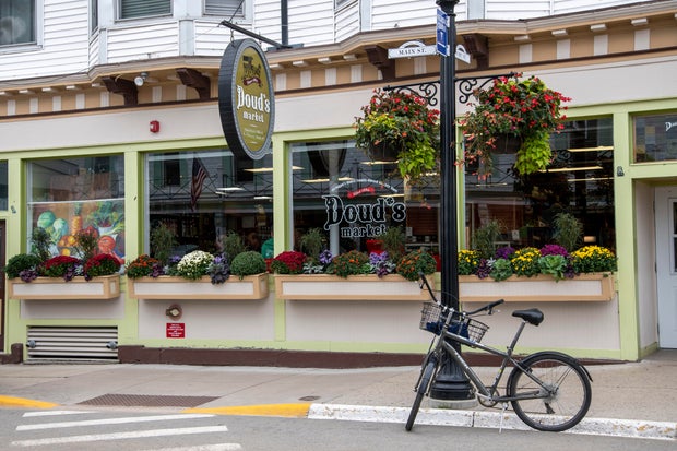Mackinac Island, Michigan, Only horses and bicycles allowed on the island. Doud's Market. The oldest grocery in America.