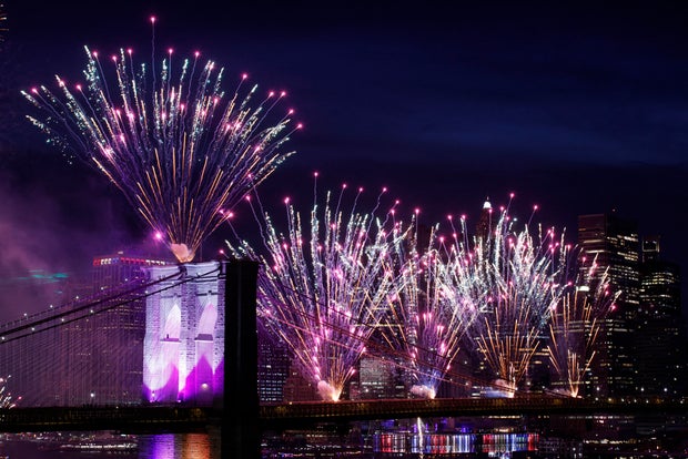 Fireworks light up the Brooklyn Bridge during the Macy's Fourth of July Fireworks celebration in New York City, on July 4, 2026.