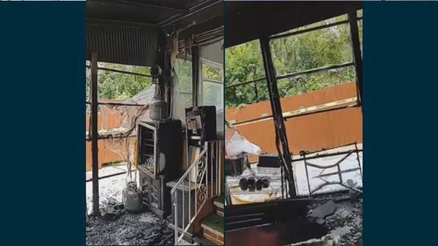 Two photos show damage after a fire at a mosque 