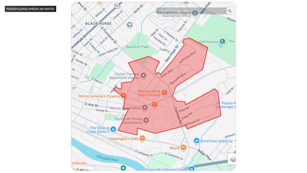 Map of area impacted by boil water advisory in Norristown, Plymouth Township 