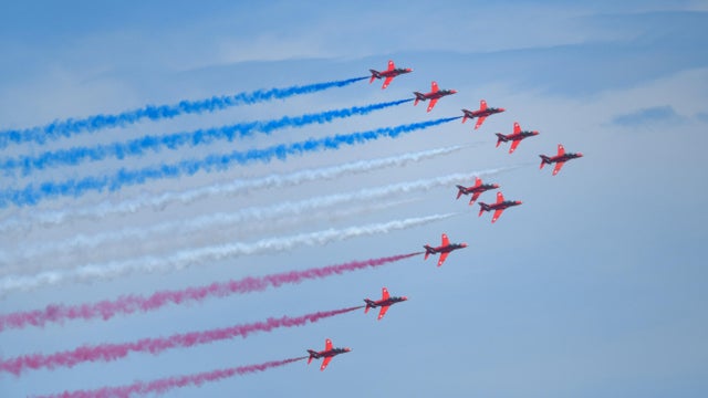 BOSTON, MA- AUGUST 16, 2019:   The Royal Air Force Red Arrows North American Tour flies  over the Boston Harbor. The tour aims to promote the best of British and deepen partnerships with close friends and allies through the UK's continuing commitment to e 