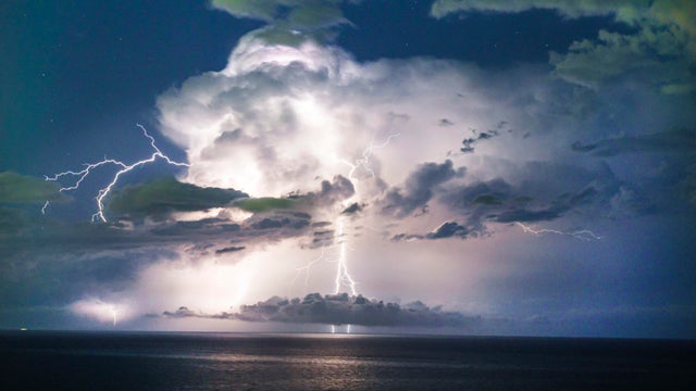 Florida, Miami Beach, dramatic lightning storm over Atlantic Ocean at night 