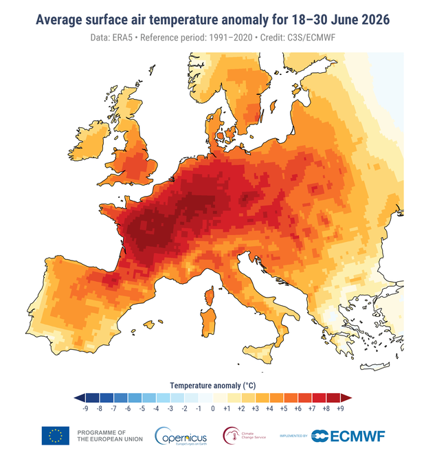June was the hottest on record for Western Europe, second hottest globally