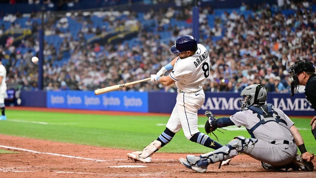Jonathan Aranda #8 of the Tampa Bay Rays hits an RBI double in the fifth inning against the New York Yankees at Tropicana Field on July 08, 2026 in St Petersburg, Florida. 