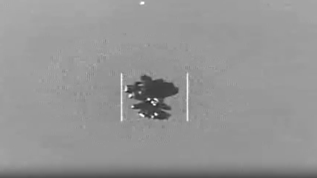 A screenshot of footage from the U.S. military in 2020 showing a balloon-like object. 