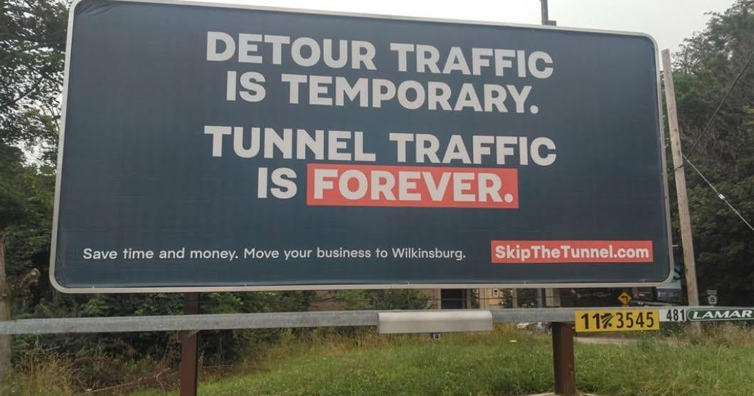 Wilkinsburg billboards try to attract new businesses during Parkway East detour: "Tunnel traffic is forever"