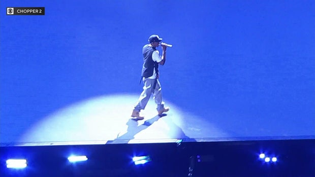 Aerial view of Jay-Z performing on stage at Yankee Stadium