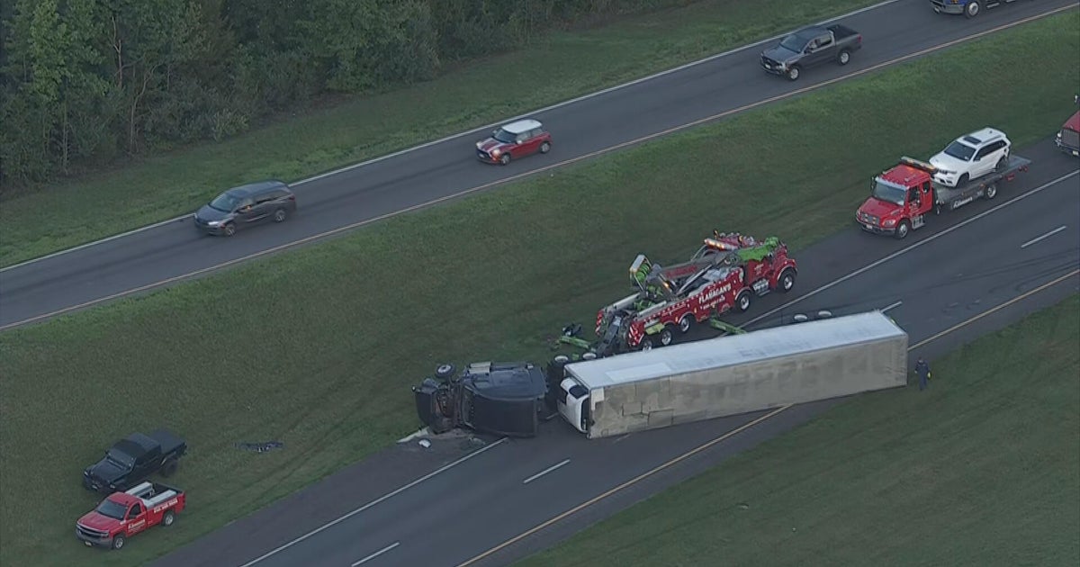 Overturned tractor trailer blocking southbound Route 55 in Glassboro, New Jersey