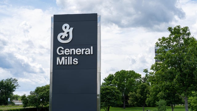 A Welcome sign at the General Mills headquarters in suburban Minneapolis, Minnesota. This is a consumer packaged foods and goods company 