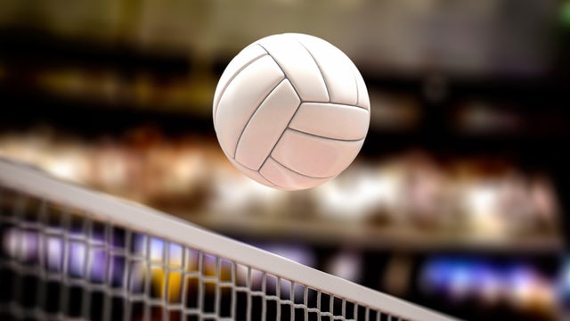 Volleyball ball and net in voleyball arena during a match. 