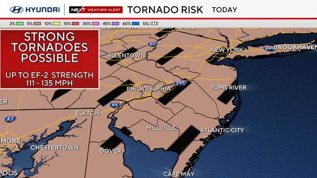 Rare risk of dangerous EF-2 tornadoes over Philadelphia Saturday evening 