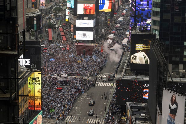 Fans of Argentina show support to their team ahead of the FIFA World Cup 2026 Final Match against Spain at Times Square on July 18, 2026 in New York City.