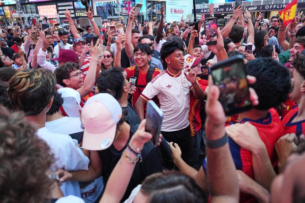 Spain fans react in Times Square following Spain's win over Argentina in the World Cup final soccer match Sunday, July 19, 2026, in New York.