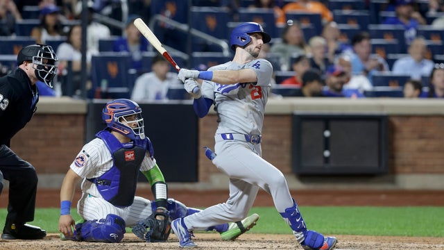 Kyle Tucker #23 of the Los Angeles Dodgers follows through on his eighth inning two run home run against the New York Mets at Citi Field on July 24, 2026 in New York City. 