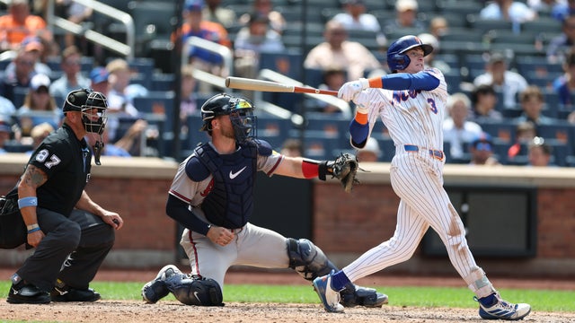 Carson Benge #3 of the New York Mets drives in a run with a double against the Atlanta Braves in the seventh inning during their game at Citi Field on July 29, 2026 in New York City. 