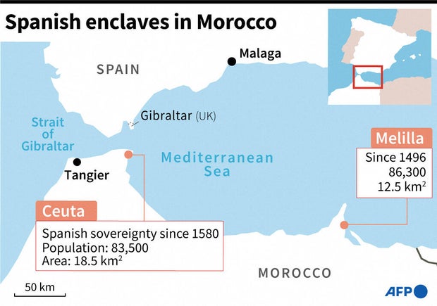 Map shows locations of the Spanish enclaves of Ceuta and Mellila in Morocco