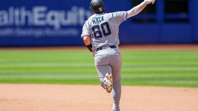 Joe Mack #80 of the Miami Marlins rounds the bases after hitting a solo home run in the fifth inning during the game between the Miami Marlins and the New York Mets at Citi Field on Sunday, August 2, 2026 in New York, New York. 