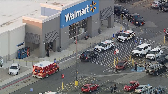 Chopper image of Walmart in Glenolden, ambulance and police vehicles are seen outside the store 