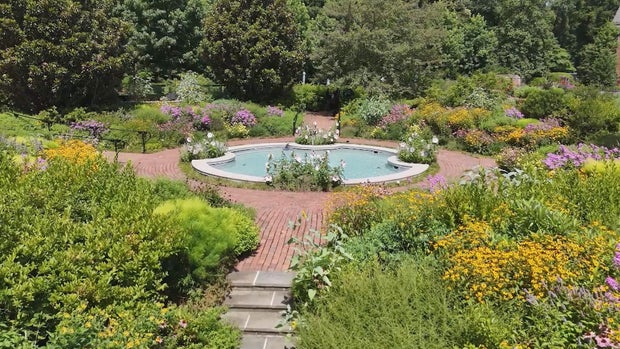 A fountain surrounded by plants and a brick walking path at Mount Cuba Center in Hockessin