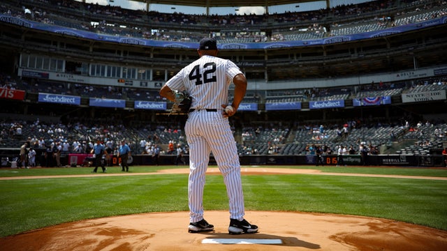 Mariano Rivera looks on from the mound during the New York Yankees Old Timers' Day before the game against the Atlanta Braves at Yankee Stadium on August 8, 2026 in New York, New York. 