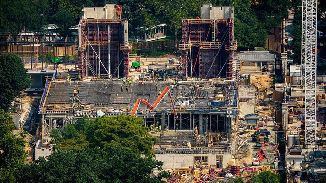 Construction continues on the East Wing ballroom at the White House on Aug. 10, 2026, in Washington, D.C. 