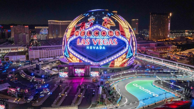 The Sphere in Las Vegas during the Formula 1 Race.  Aerial view, night. 
